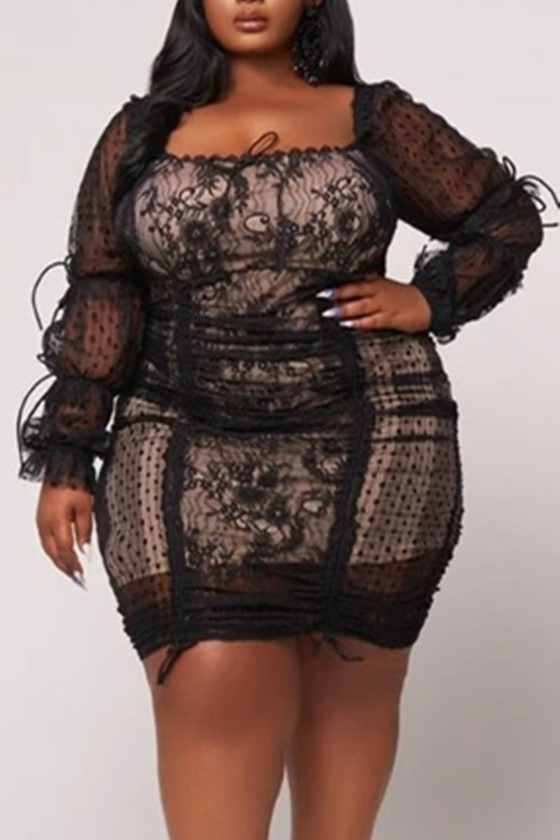 Plus Size Ruched Lace Polka Dot See-through Bodycon Square Neck Mini Dress