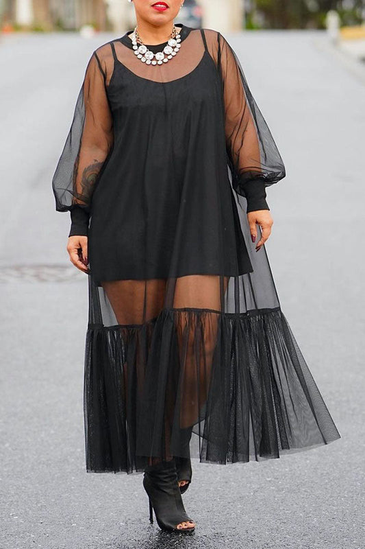 Plus Size Black Sheer Tulle Long Sleeve See-through Maxi Dresses (With Underwear)