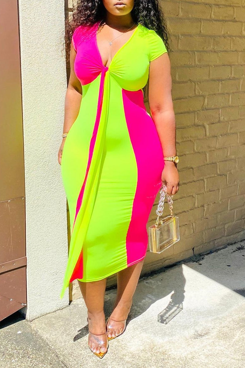 Plus Size Colorblock Short Sleeve V Neck Bodycon Midi Dresses