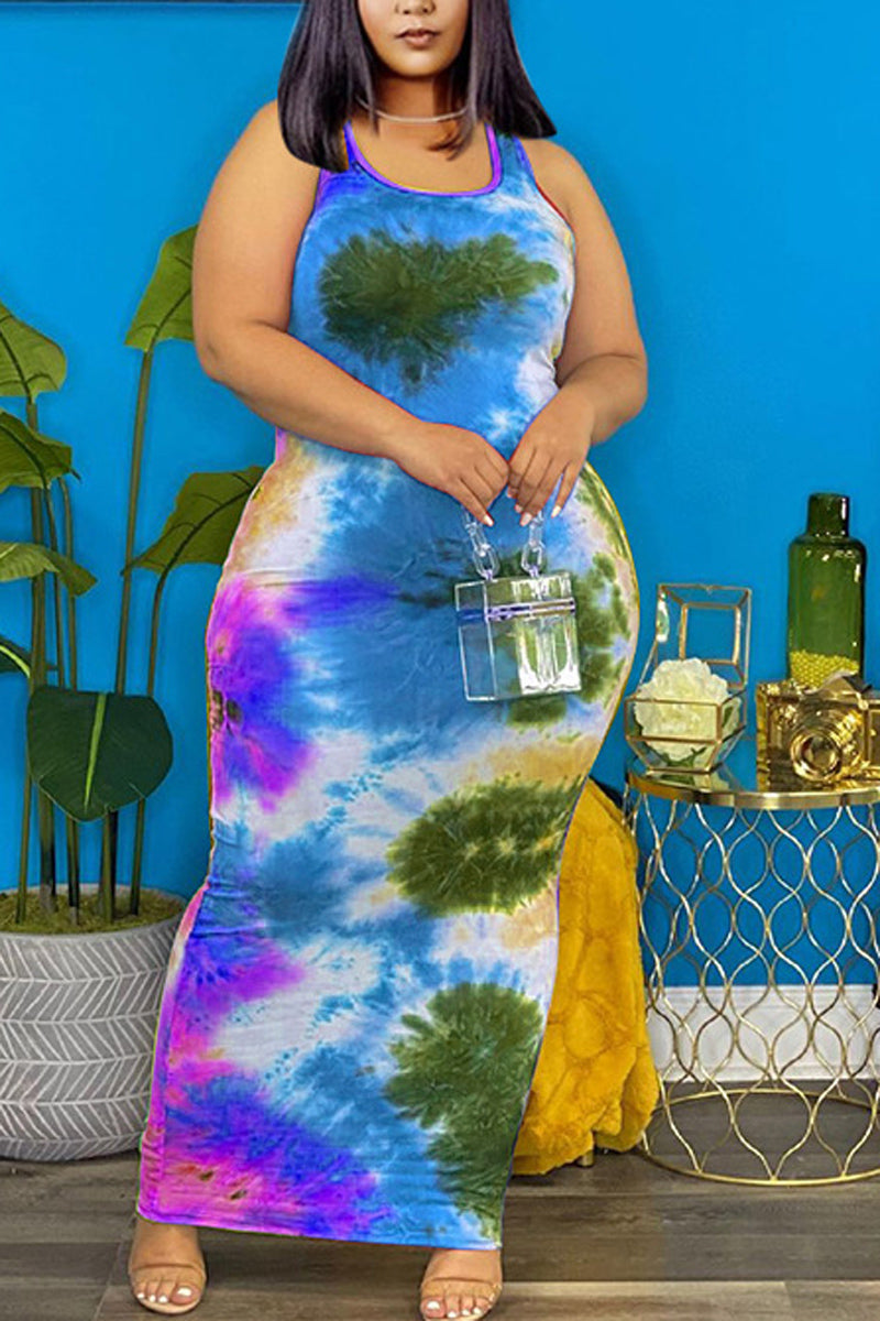 Plus Size Casual Tie Dye Print Sleeveless Maxi Dresses