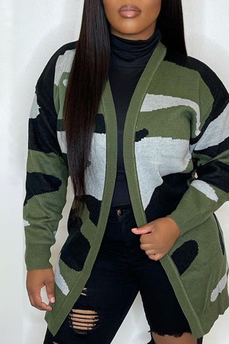 Plus Size Casual Camouflage Print Long Sleeve Sweater Outwear