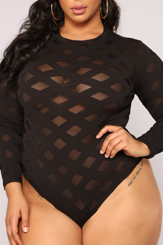 Plus Size Sexy Long Sleeve See Through  Diamond Lattice Blouse Bodysuit