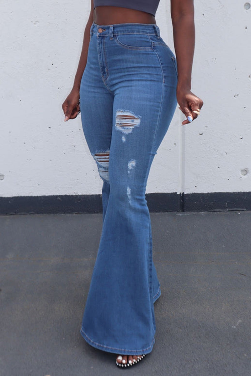 [Pre-Sale] Plus Size Blue Casual Ripped High Waist Mom Jeans