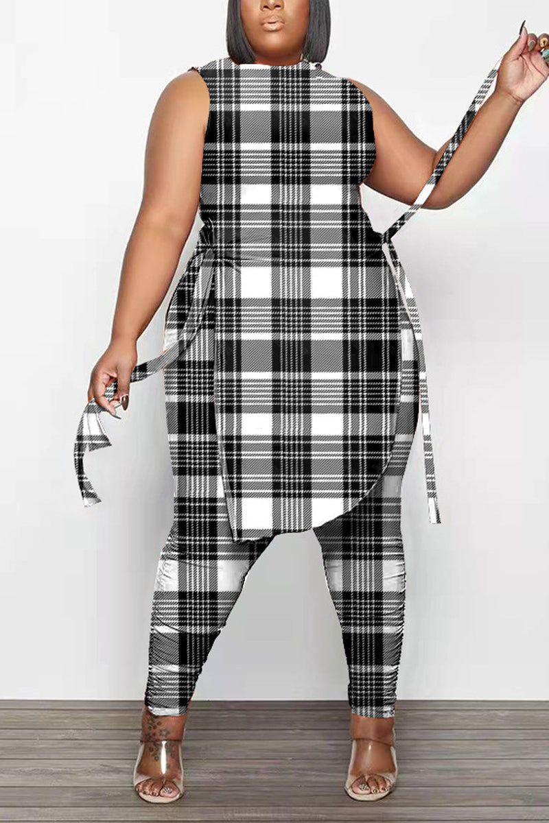 Plus Size Casual Plaid Print Sleeveless Skinny Pant Two Piece Set