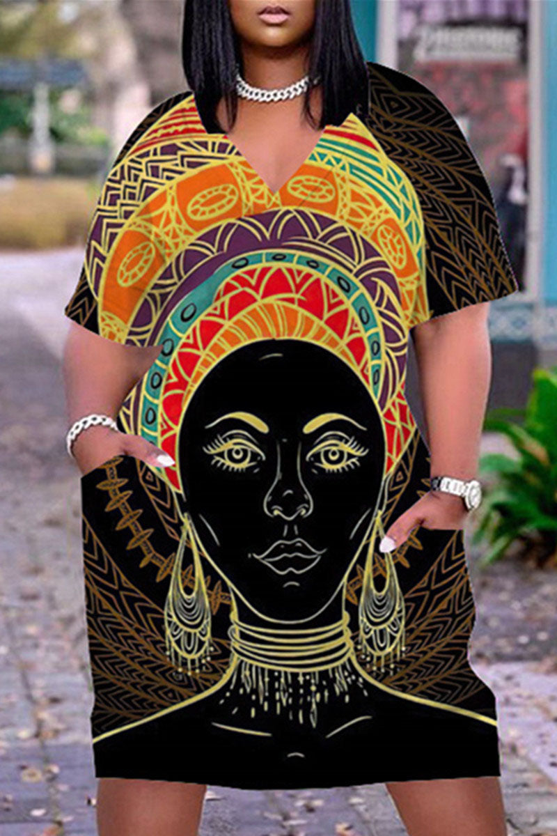 Plus Size Casual Graphic Print V Neck Short Sleeve Midi Dress