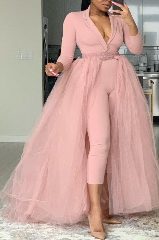 Plus Size Casual  V Neck Tulle Solid Long Sleeve Pants Jumpsuits(With Tulle Skirt)