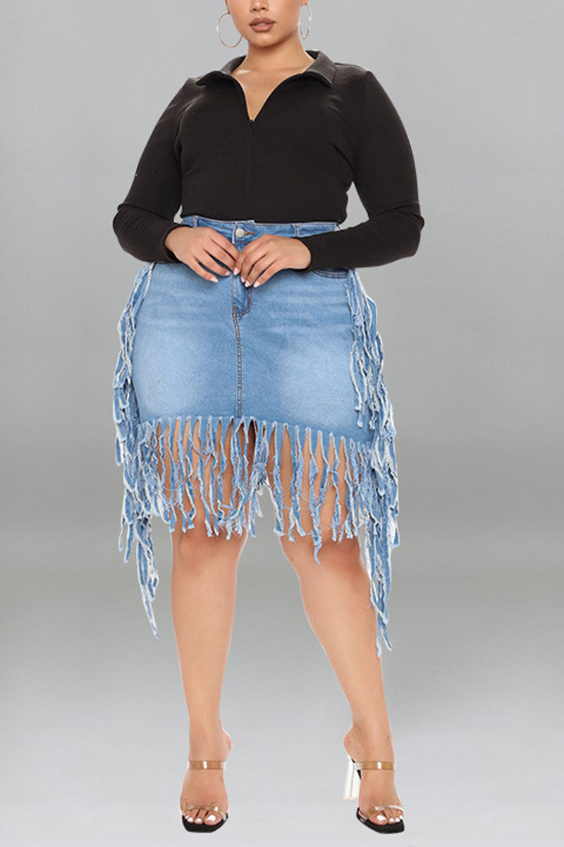 Plus Size Blue High Waist Fringe Denim Skirt