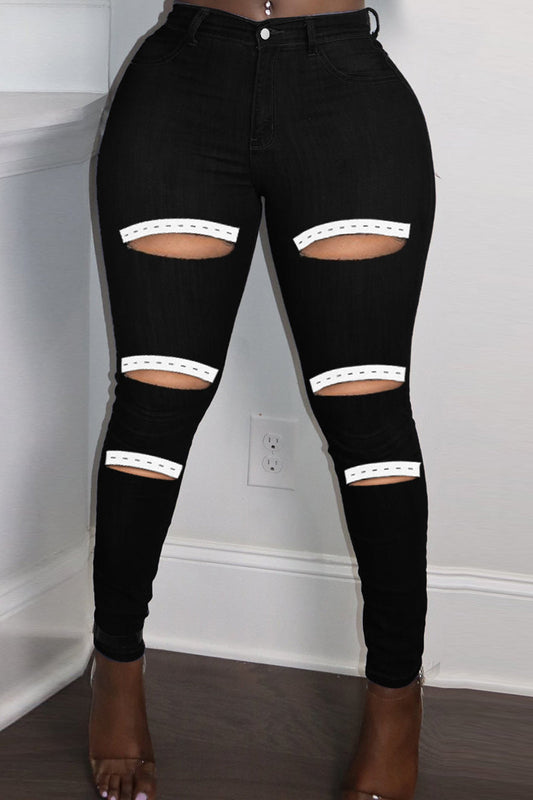 Plus Size Casual Black Ripped Skinny Jeans
