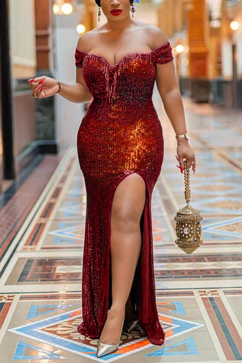 Plus Size Celebrities Solid Split Joint Off The Shoulder Sequin Maxi Dresses