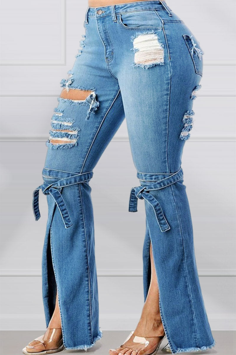 Plus Size Plain Denim Jeans Drawstring