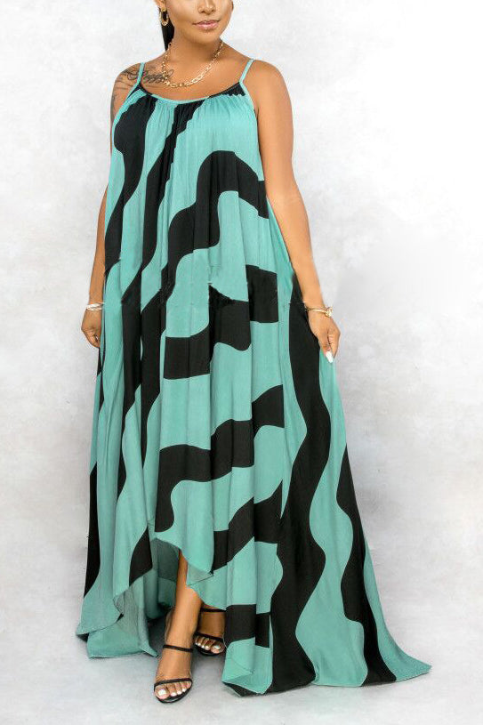 Plus Size Dresses Printed Striped Loose Strap Dress
