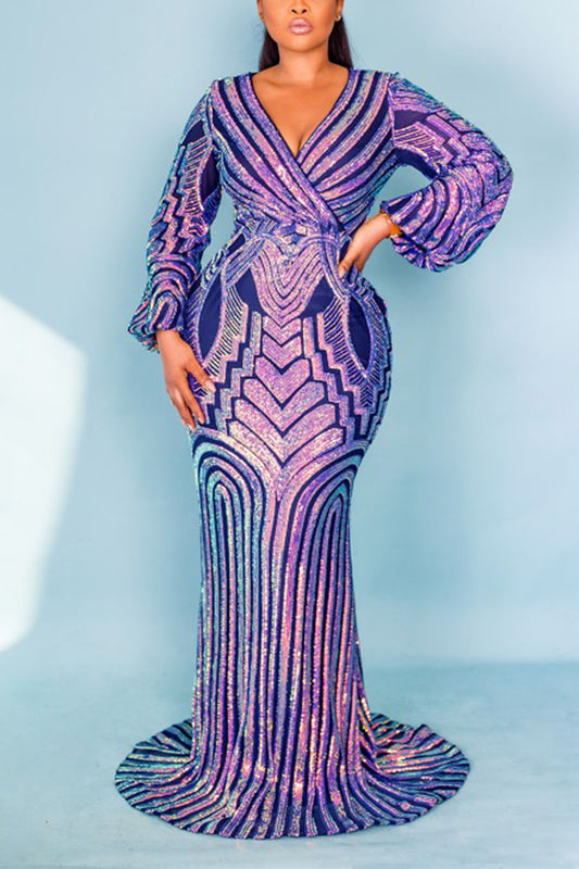 Plus Size Purple Elegant Print V Neck Bodycon Maxi Dress