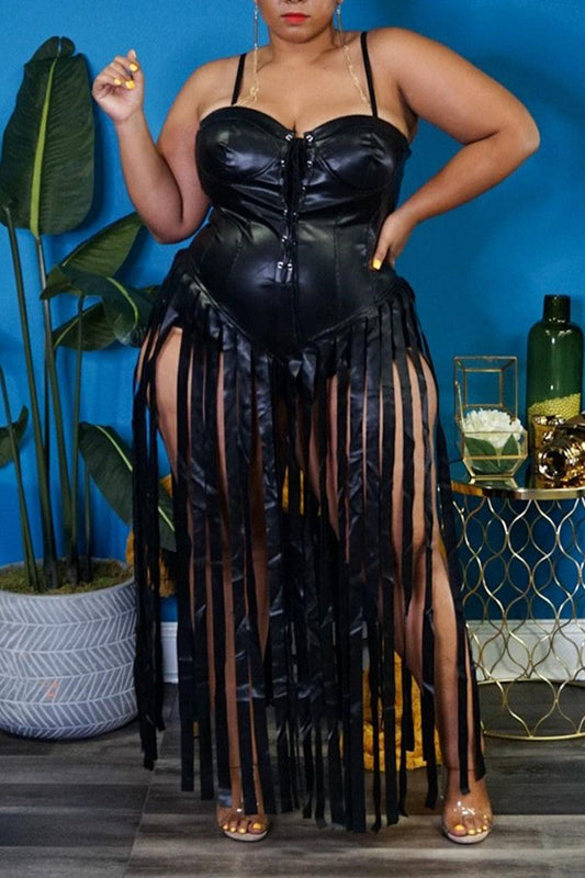 Plus Size PU Leather Fringe Spaghetti Strips Solid Maxi Dress