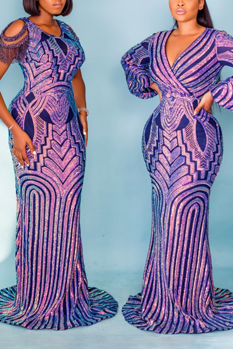 Plus Size Purple Elegant Print V Neck Bodycon Maxi Dress