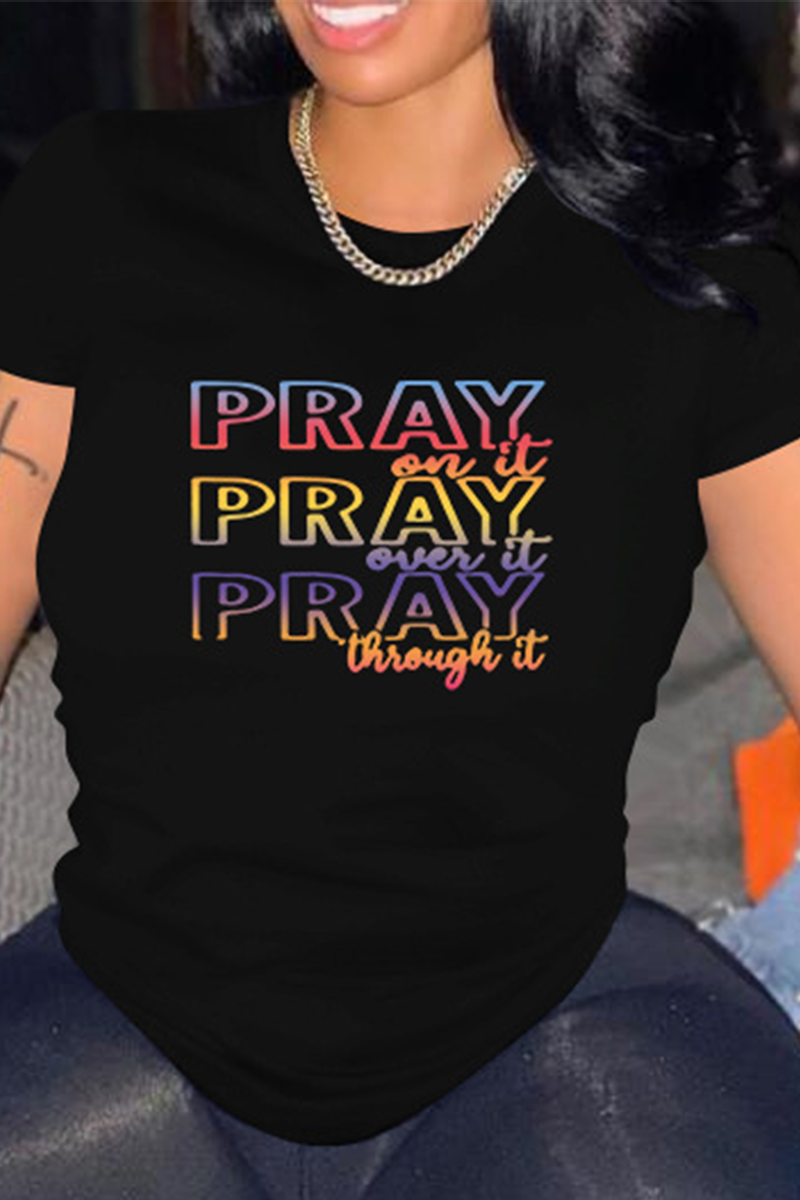 Plus Size Black Pray Print Round Neck Short Sleeve T Shirt