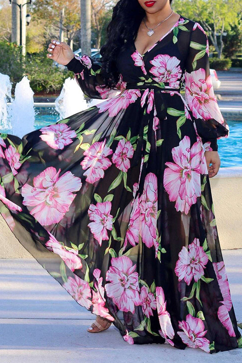 Plus Size Casual Floral Print Floor Length Maxi Dresses