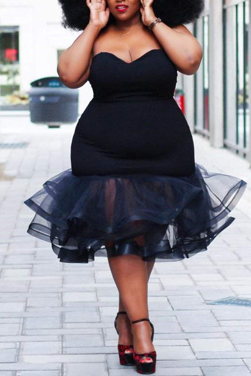 Plus Size Tulle Little Black Ruffle Sleeveless Off Shoulder Bodycon Midi Dress