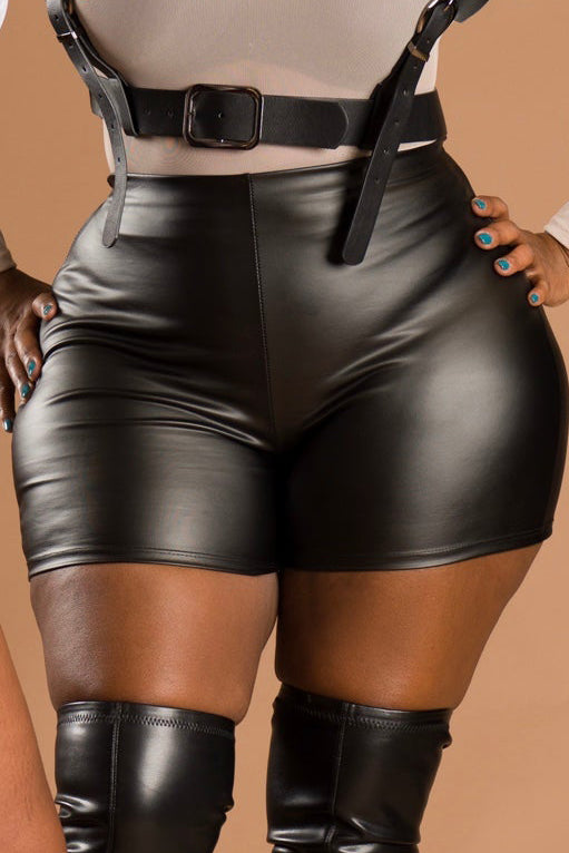 [Pre-Sale] Plus Size Casual Solid PU Leather Bodycon Shorts Two Pieces Sets (Without Blouse)