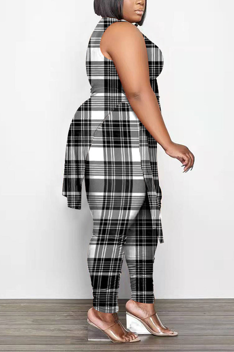 Plus Size Casual Plaid Print Sleeveless Skinny Pant Two Piece Set