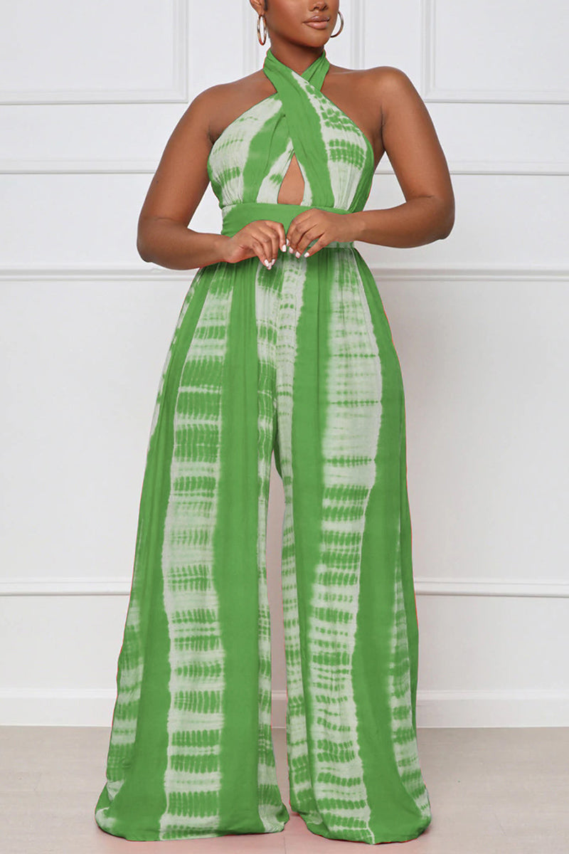 Plus Size Casual Halter Backless Printed Wide Leg Jumpsuit
