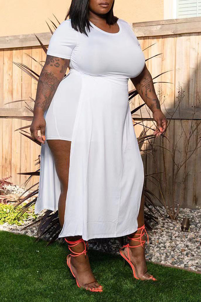 Plus Size Casual Solid Short Sleeve Asymmetrical Maxi Dresses