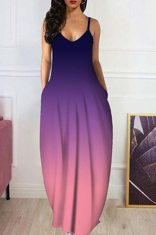 Plus Size Ombre Stripe Print V Neck Cami Casual Maxi Dress