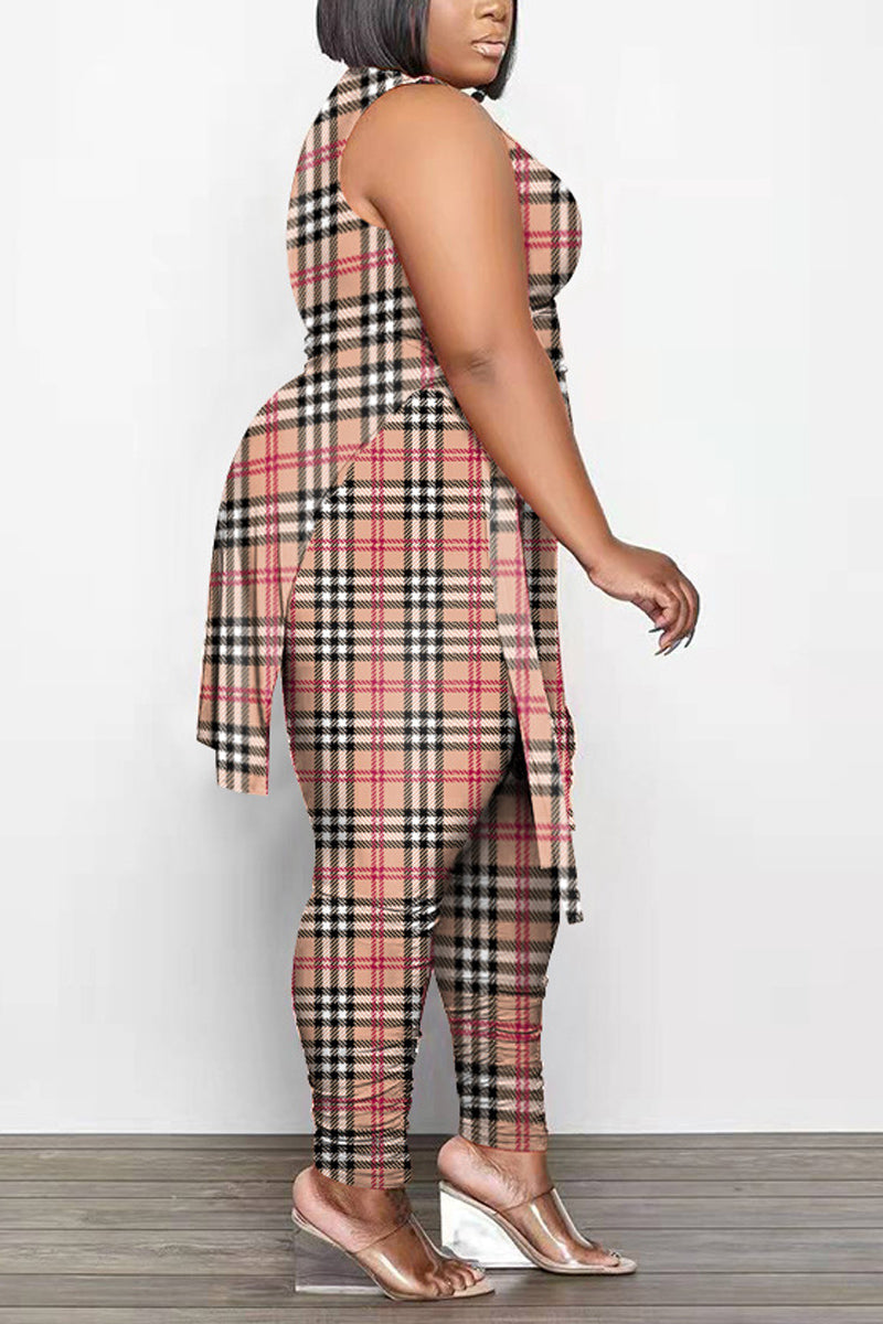 Plus Size Casual Plaid Print Sleeveless Skinny Pant Two Piece Set