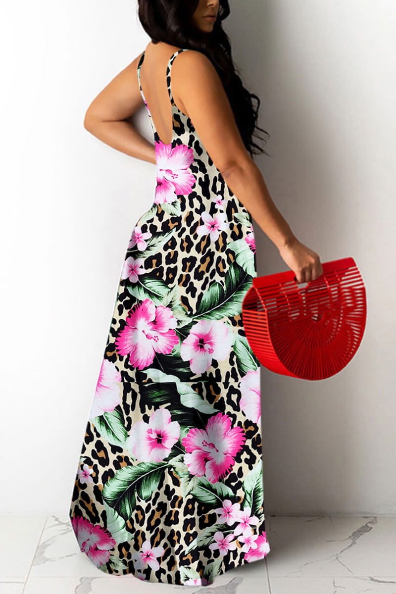 Plus Size Casual Cami Sleeveless Rose Flower Print Maxi Dress