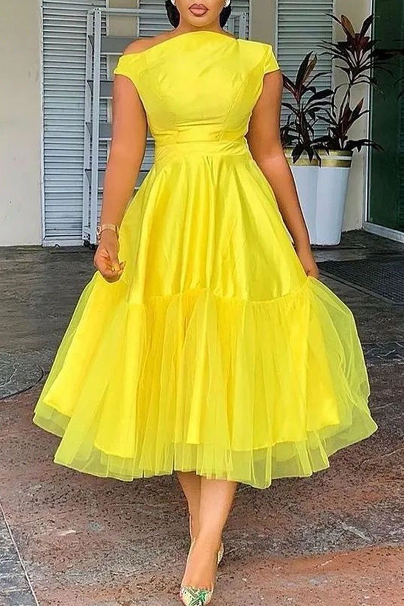 Plus Size Elegant A-line Tulle Solid Midi Dress