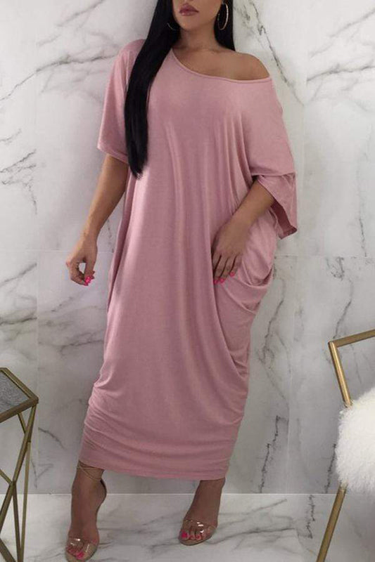 [Pre-Sale] Plus Size Casual Oblique Collar Half Sleeve Solid Maxi Dress