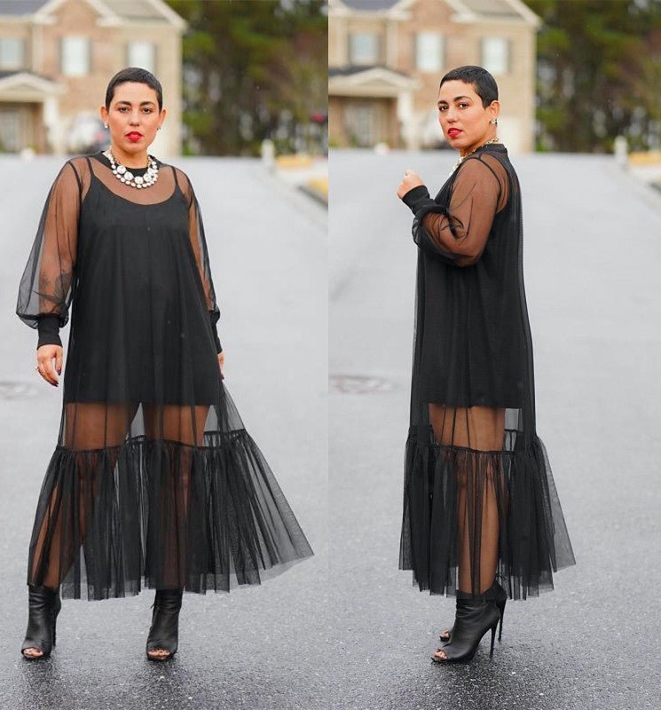 Plus Size Black Sheer Tulle Long Sleeve See-through Maxi Dresses (With Underwear)