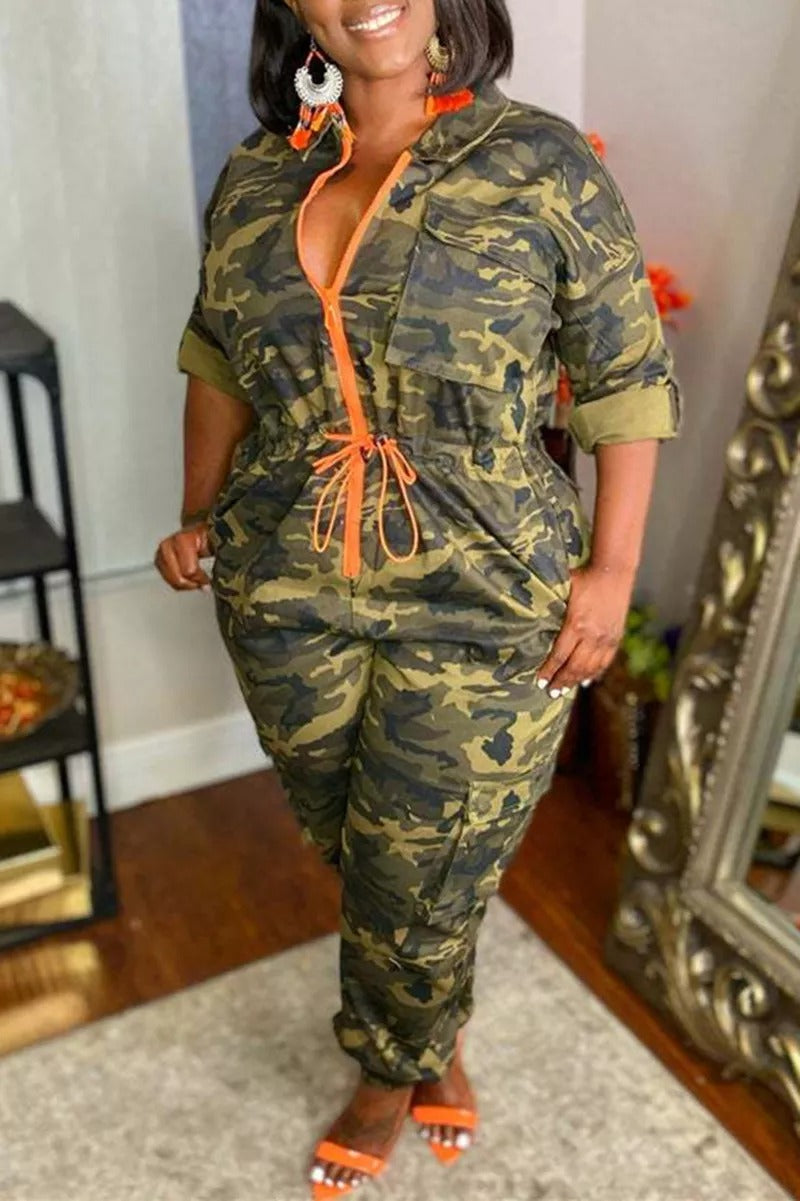 Plus Size Camouflage Print Bandage Zipper Collar Regular Jumpsuits