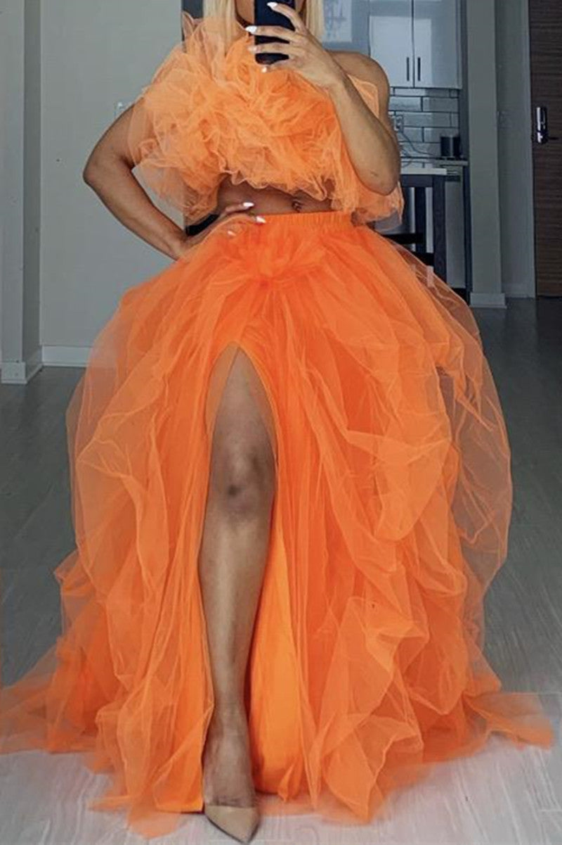 Plus Size Elegant Solid Hi-Slit Tulle Skirt