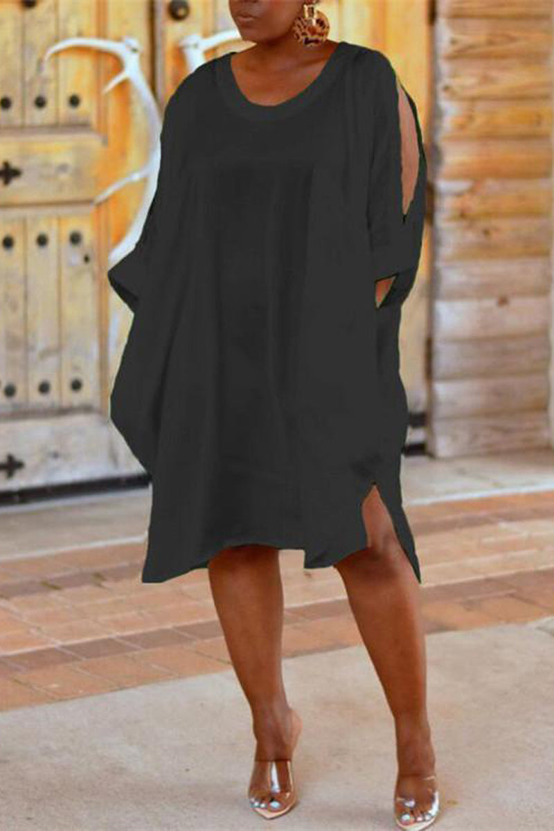 Plus Size Solid Casual Round Neck Shirt Midi Dresses