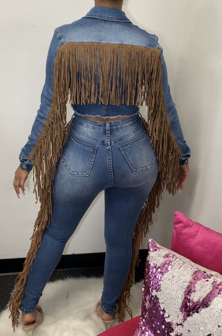 Plus Size Casual Denim Fringe Long Sleeve Jacket Outwear