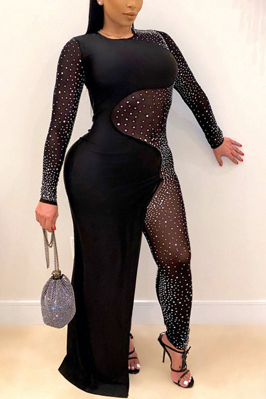 Plus Size Sequin See-through Round Neck Jumpsuits
