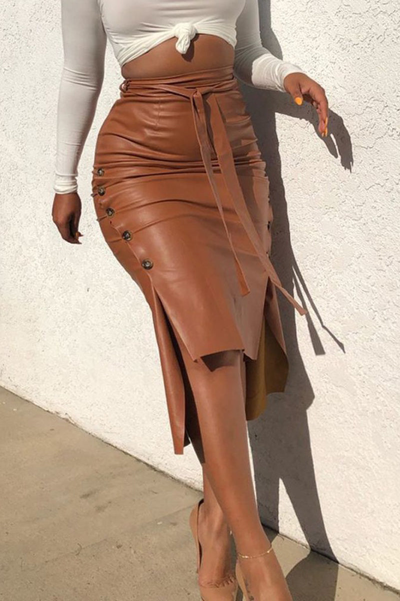 Plus Size PU Leather Split Asymmetrical Bodycon Skirt