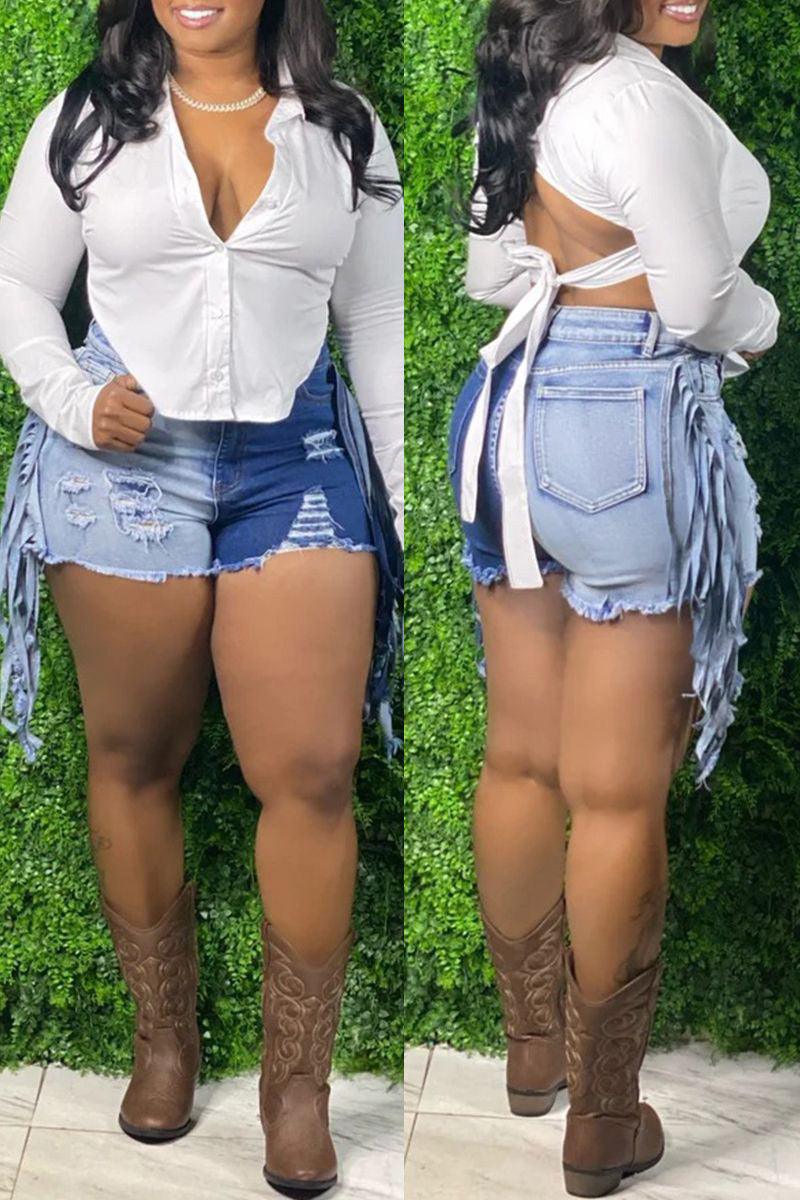 [Pre-Sale] Plus Size Casual Color Block Fringe Ripped Skinny Denim Shorts