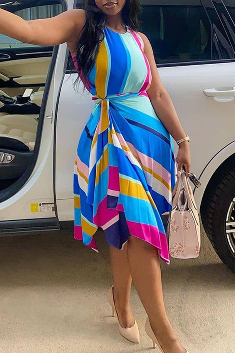 Plus Size Casual Sleeveless Striped Print Asymmetrical Summer Midi Dresses