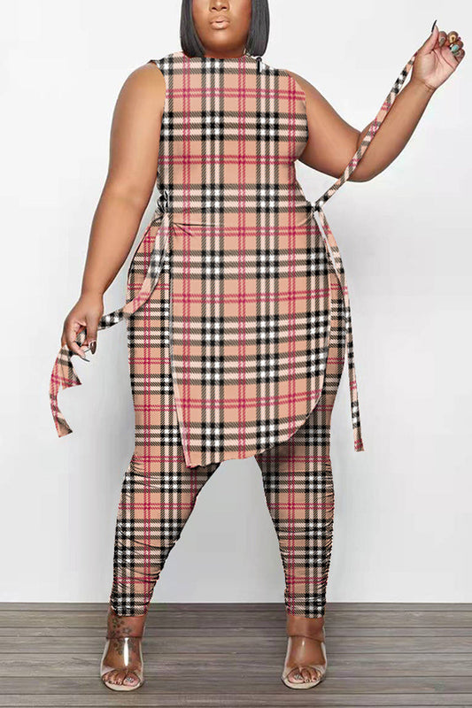 Plus Size Casual Plaid Print Sleeveless Skinny Pant Two Piece Set