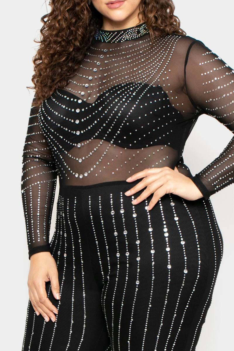 Plus Size Party See-through Tulle Rhinestone Striped Jumpsuit