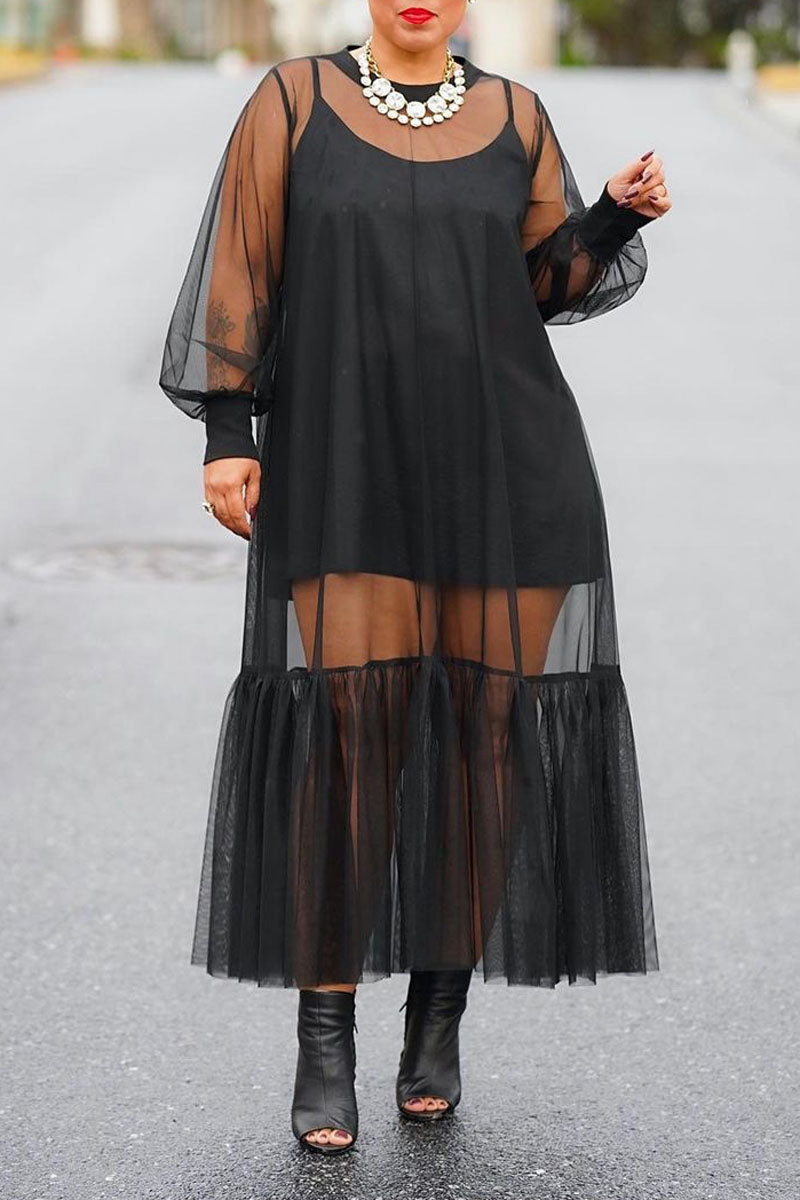 Plus Size Black Sheer Tulle Long Sleeve See-through Maxi Dresses (With Underwear)