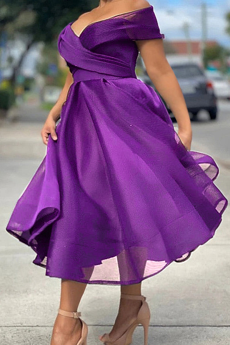 [Pre-Sale] Plus Size Solid Elegant Off The Shoulder A Line Tulle Midi Dresses