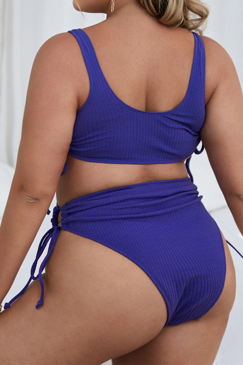 Plus Size Solid Lace Up Two Pieces Set Swimsuit