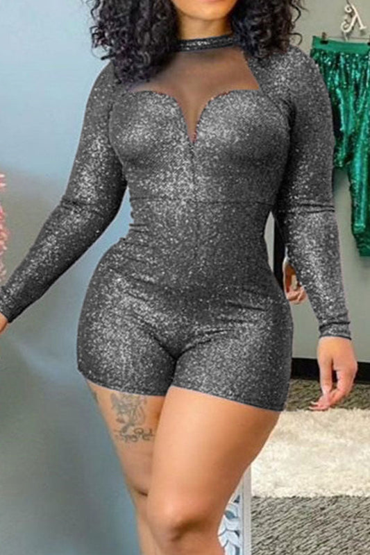 Plus Size Sequin Jumpsuits Sexy Solid Split Joint O Neck Skinny