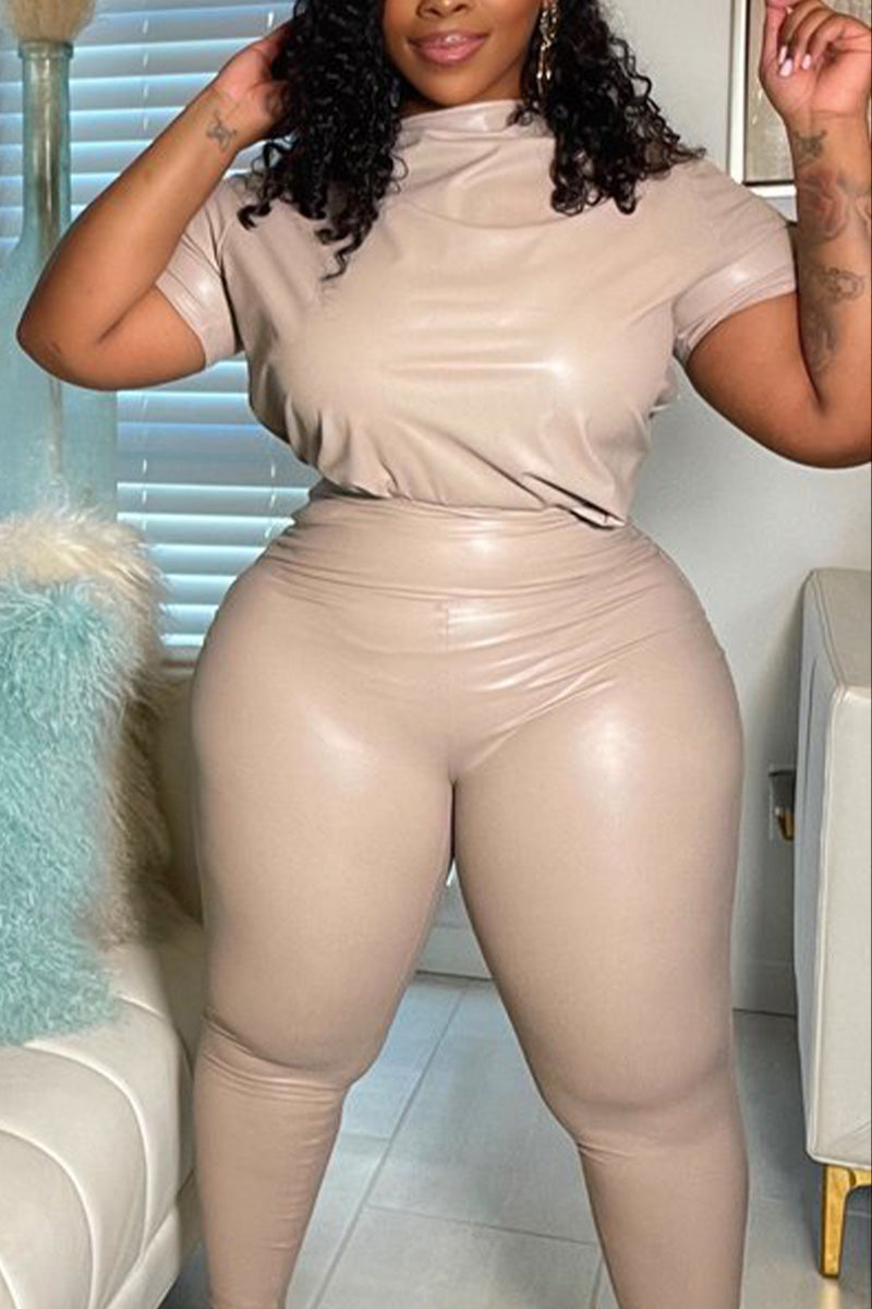 Plus Size PU Leather Long Sleeve Solid Leggings Pants Two Pieces Set