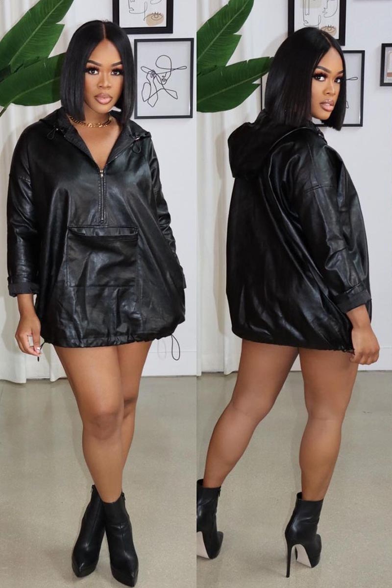 Plus Size Casual Solid PU Leather Hooded Collar Long Sleeve Mini Dress