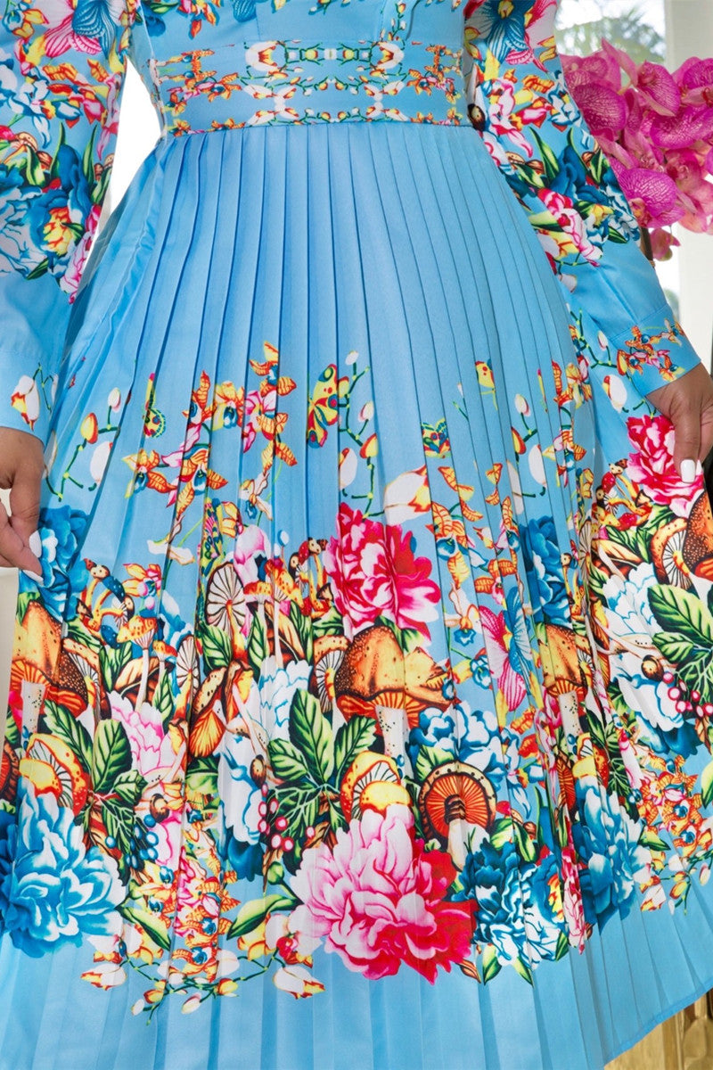 Plus Size Shirt Flower Print Long Sleeve Pleated Midi Dress (Ships 4/25-5/5)