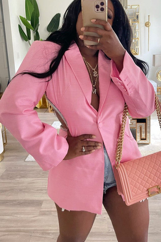 Plus Size Pink Basic Casual Backless Hollow Long-sleeved Blazer