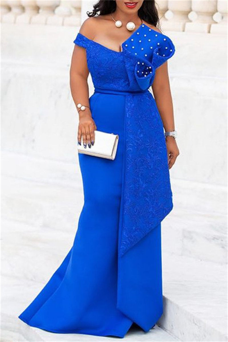 Plus Size Sequin Sexy Solid Pearl V Neck Evening Dress Maxi Dress